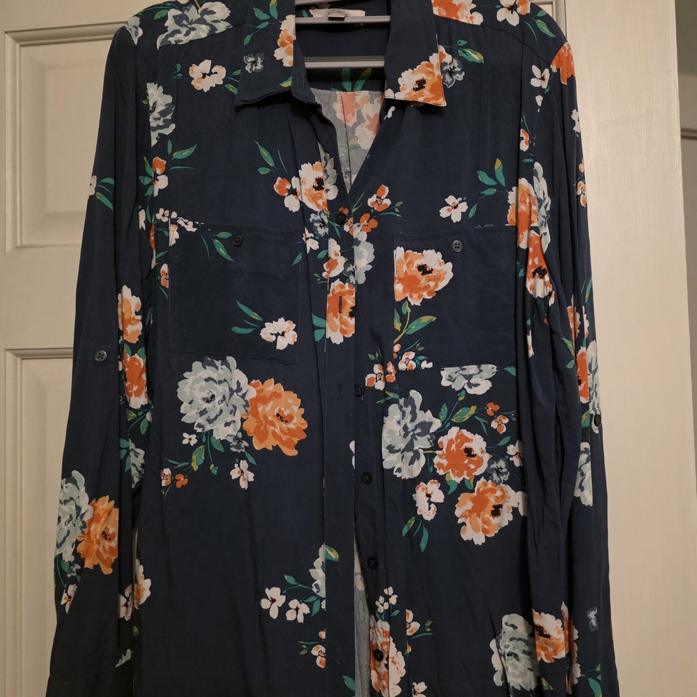 LOFT Navy Button-Down Shirt with Orange & White Floral Print